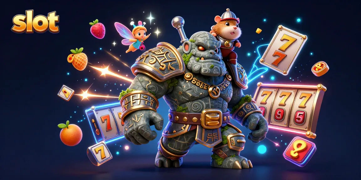 Experience thrilling slot gameplay with a magical golem, fairy, and hamster knight in action.