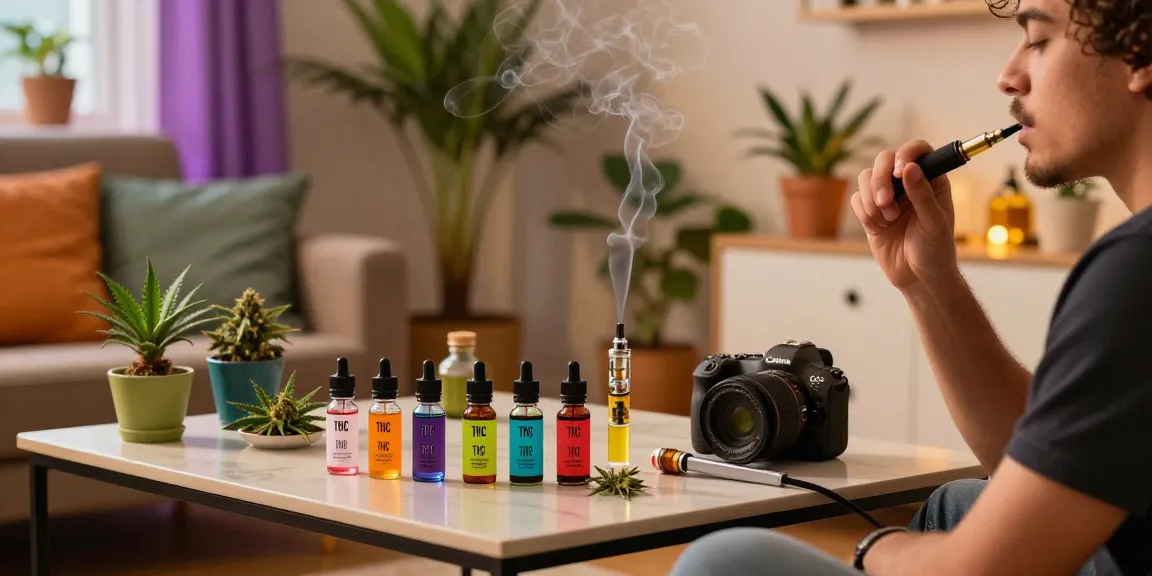 Weed vape enjoyment in a cozy indoor setting showcasing THC vape e-liquids.