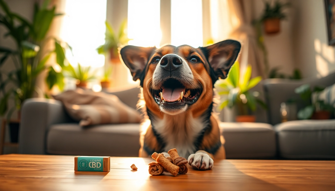 Dog happily enjoying CBD For Pet treat in a cozy living room, promoting pet wellness.