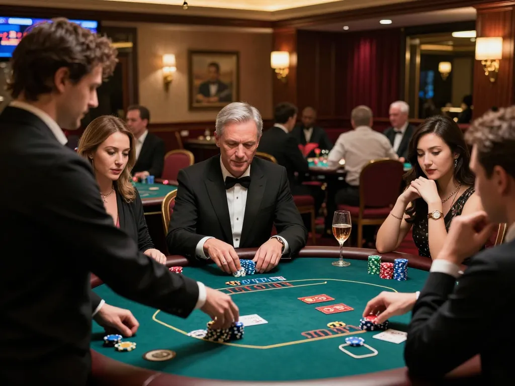 99win poker players strategizing their bets in an upscale casino environment.
