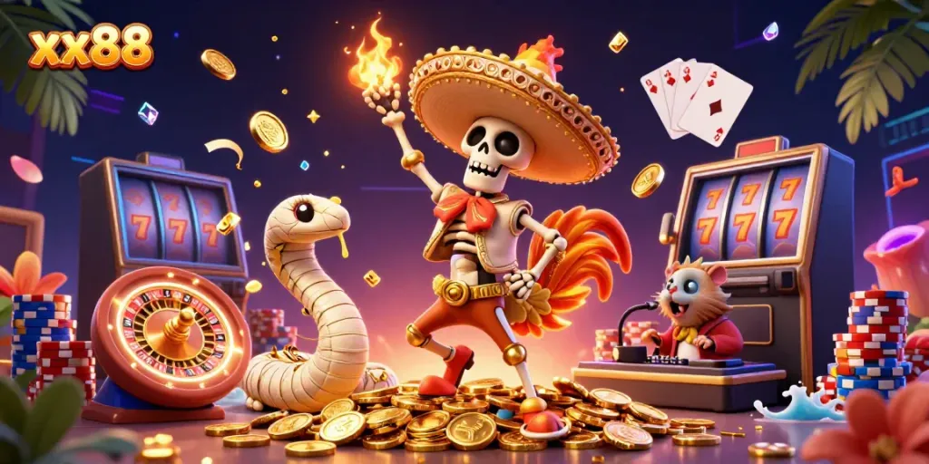 Engage in exciting casino moments with xx88 as animated characters celebrate big wins.
