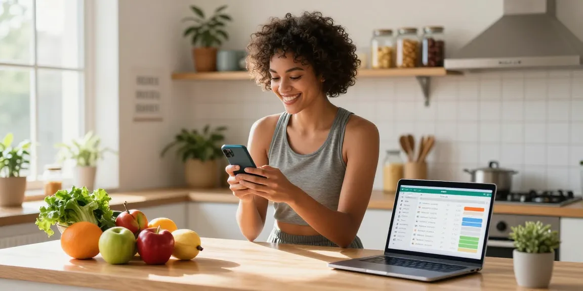 Logging meals with the best nutrition tracking app in a bright kitchen filled with fresh ingredients.