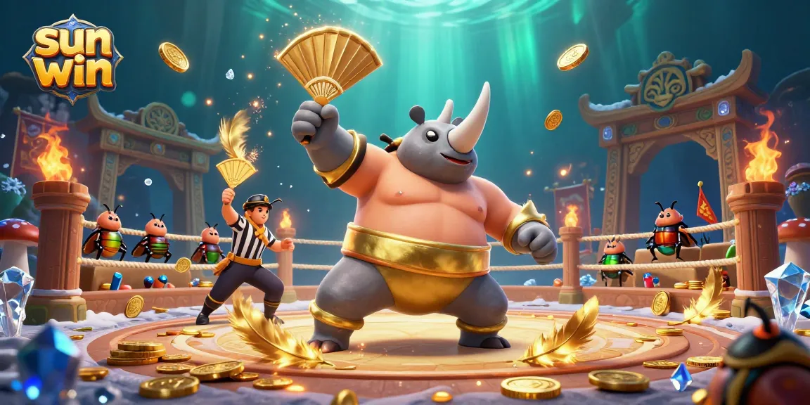 Experience an exciting sun win stomp as a beetle champion sends gold coins flying in this dynamic casino scene.