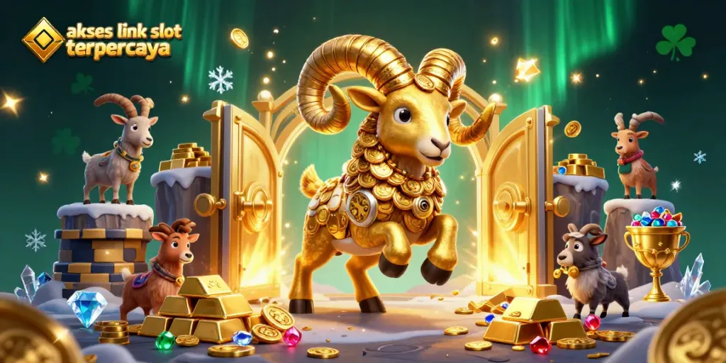 Menggambarkan ram emas berciri khas dan simbol slot, akses link slot terpercaya dengan kilauan harta yang melimpah.