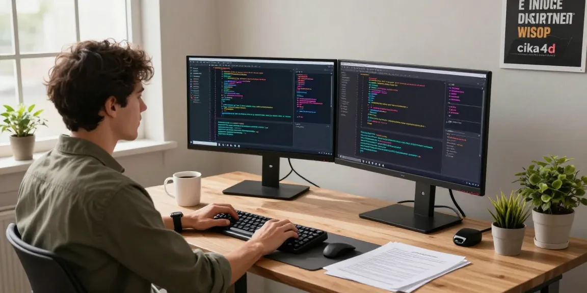 Focused developer at a modern workspace coding with cika4d on dual monitors surrounded by technology.