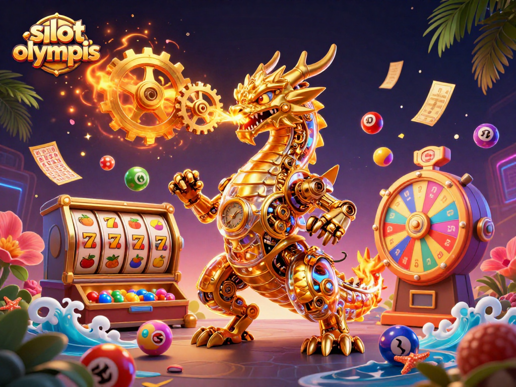 Engage with slot olympus, featuring a dynamic scene of a golden dragon amidst vibrant casino elements.