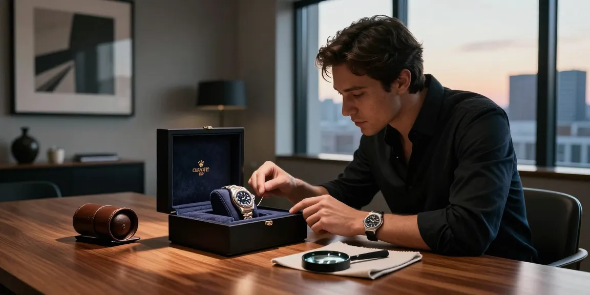 Luxury watch collector examining a rolex replica in an urban loft.