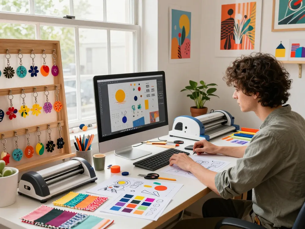 Creative workspace with custom lanyard keychain designs and colorful acrylic charms in craft studio