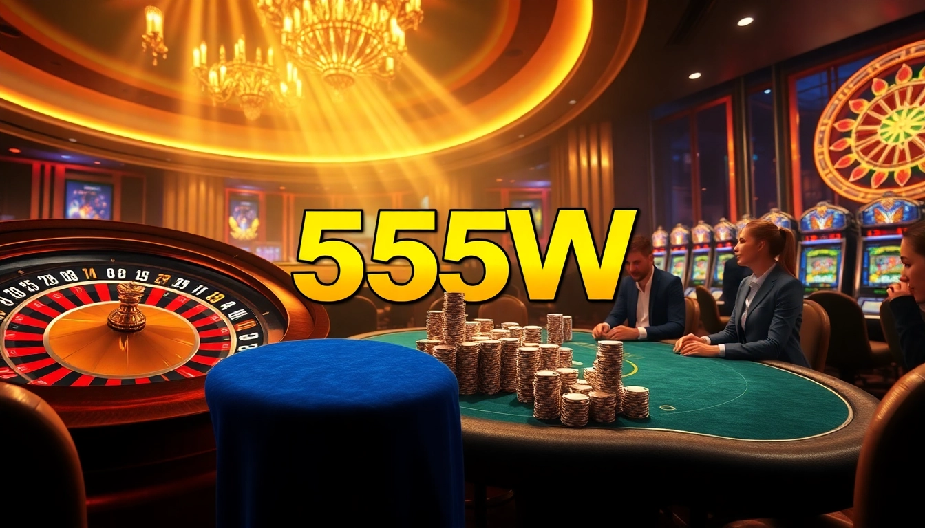Players celebrating a big 555 win at a luxurious casino full of vibrant slot machines.