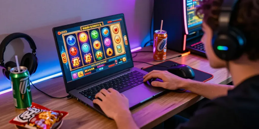 Player enjoying slot online gacor games on a laptop in a vibrant home gaming setup.