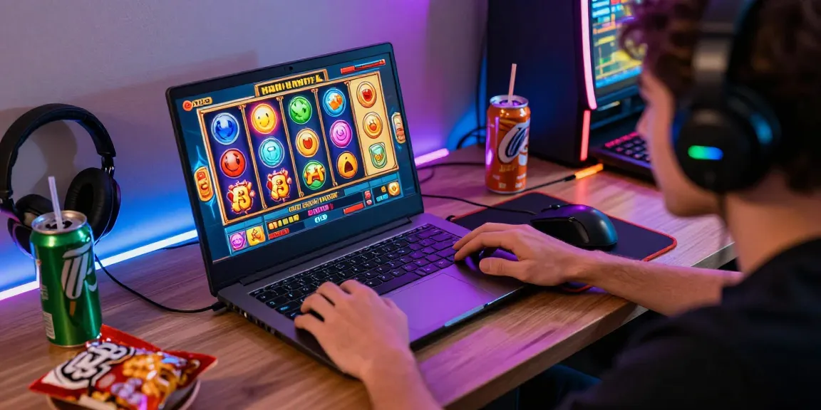 Player enjoying slot online gacor games on a laptop in a vibrant home gaming setup.