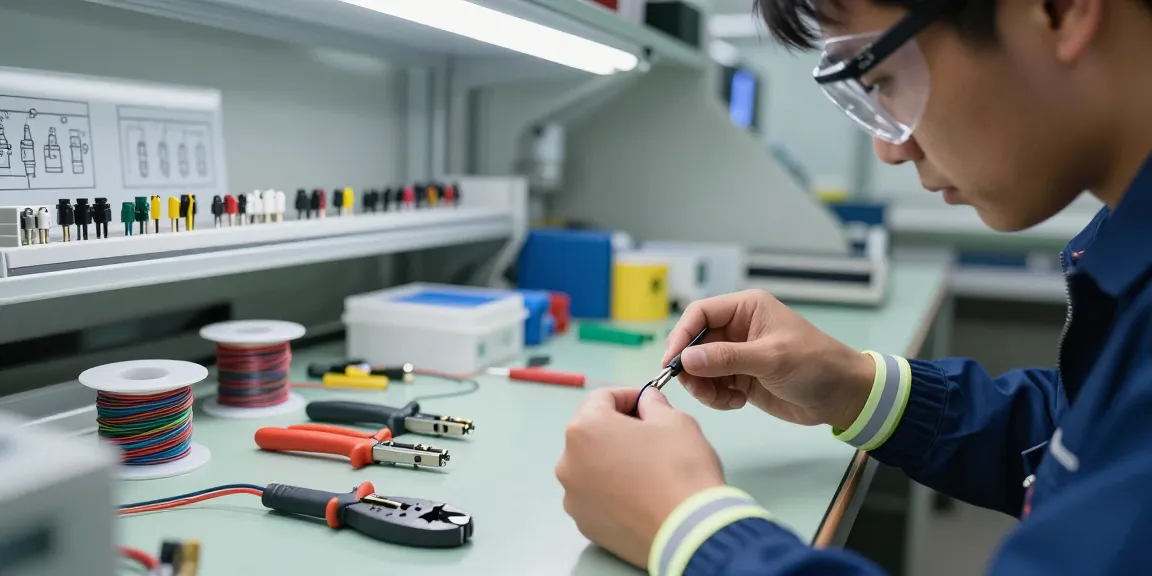 Expert engineer crimping wire crimp connectors in a modern electronics workshop.