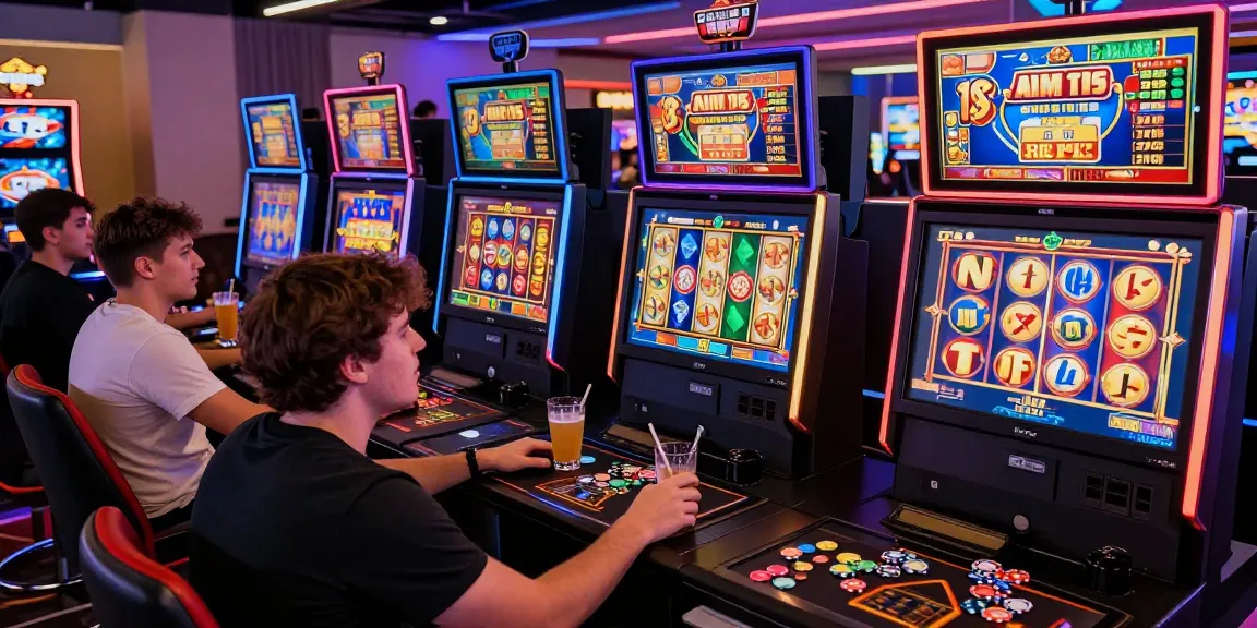 Exciting slot gaming scene showing players at colorful machines in a lively atmosphere