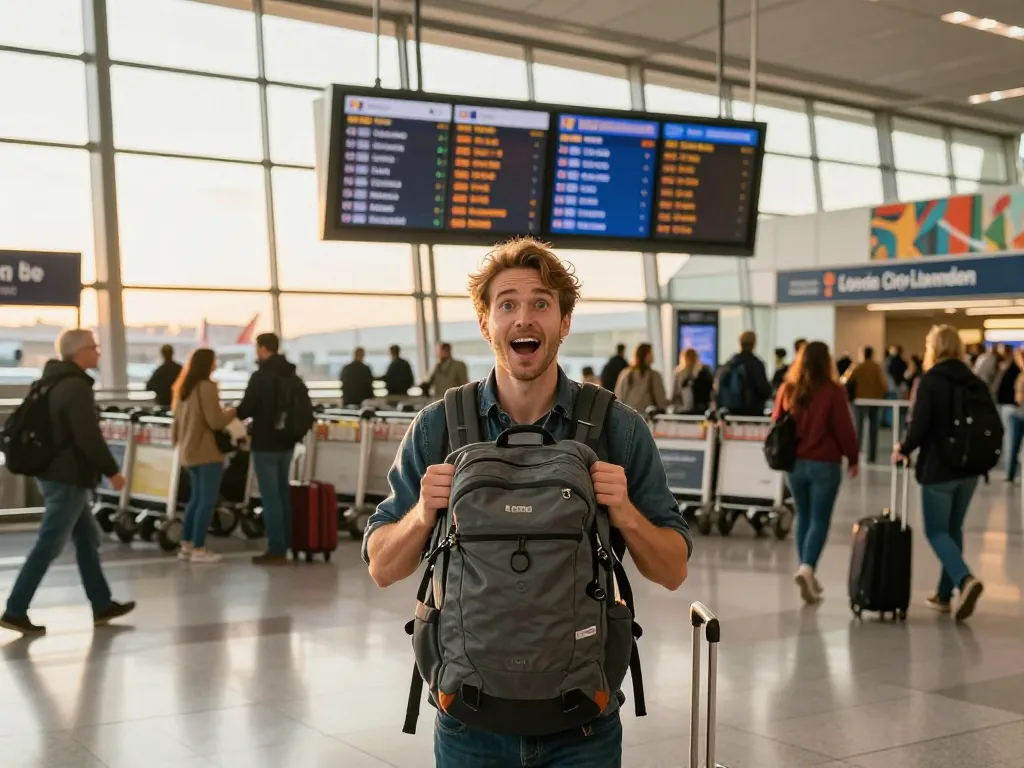 Traveler at London City Airport from Halifax, excited at the terminal.