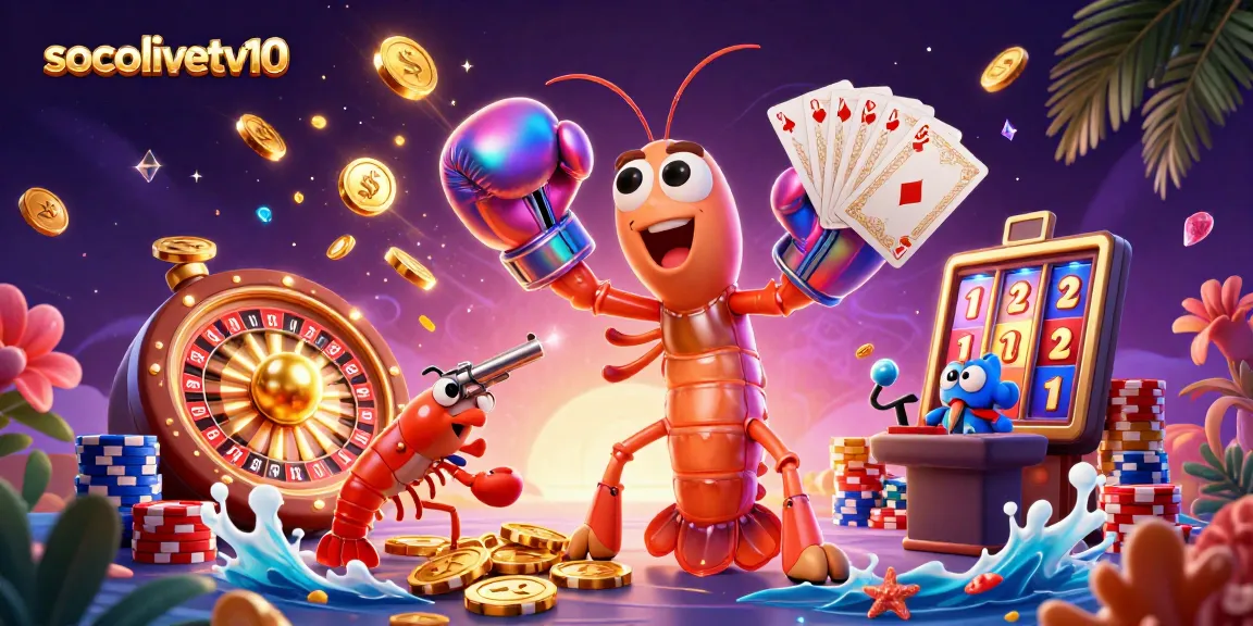 Socolivetv10 showcases an exciting casino scene with a vibrant cartoon-style illustration of ocean characters amidst dazzling gambling action.