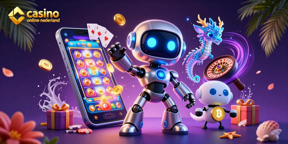 Experience excitement at casino online nederland with a 3D robotic casino scene showcasing gaming elements.