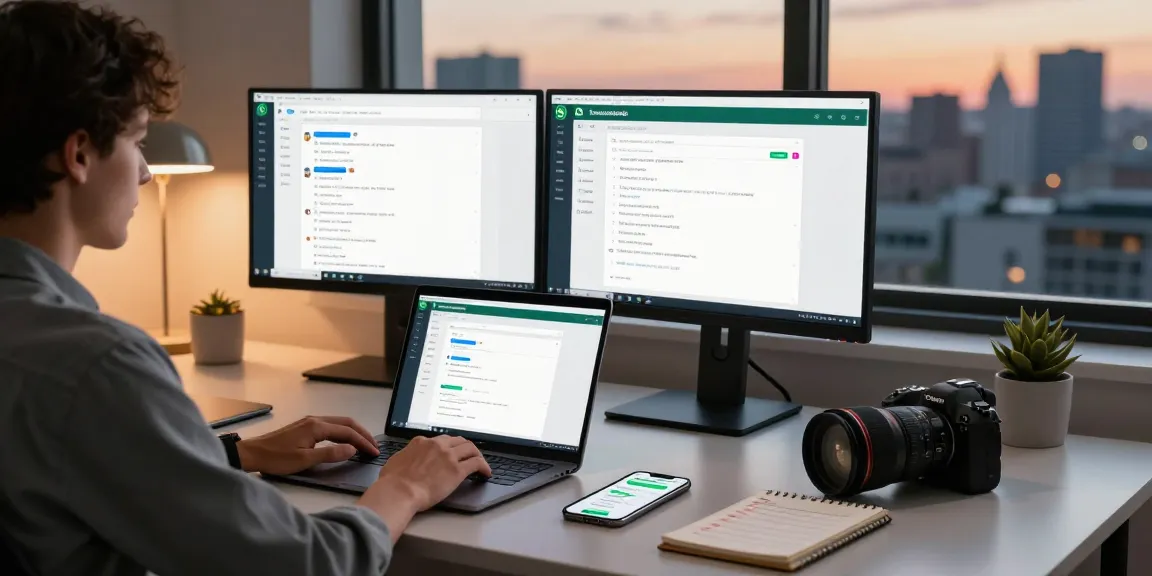 Professional using WhatsApp電腦版 on a laptop in a modern workspace