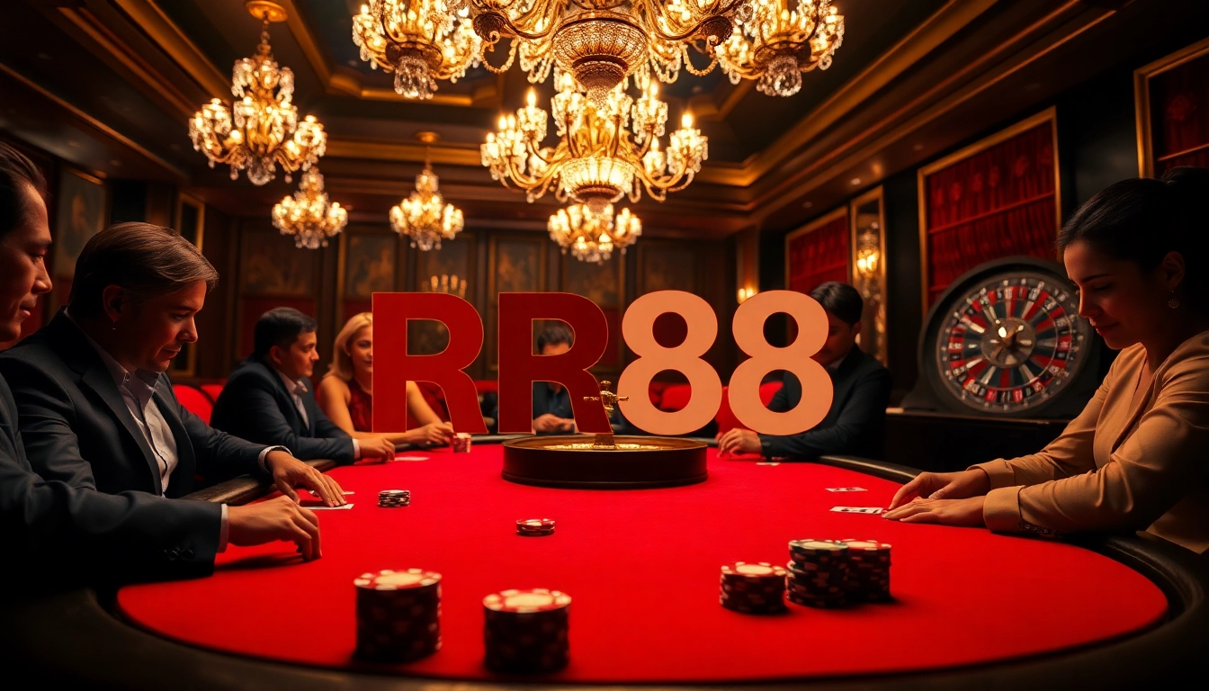 High-stakes poker action at RR88's luxurious casino gaming tables, showcasing excitement and strategy.