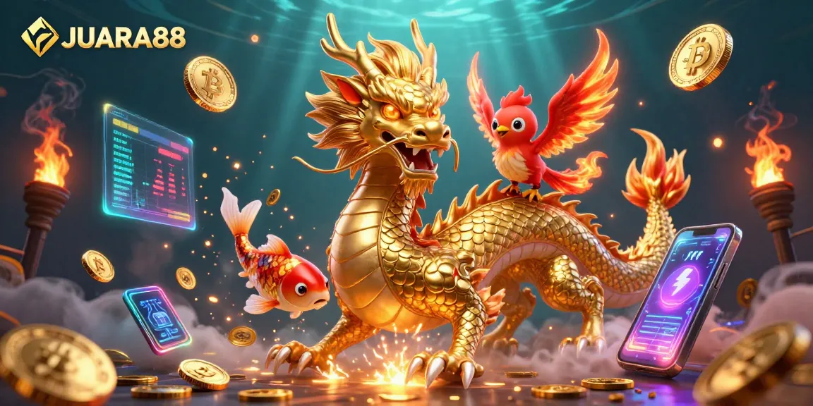 Engage with JUARA88's stunning 3D illustration featuring a golden dragon, phoenix, and koi fish.