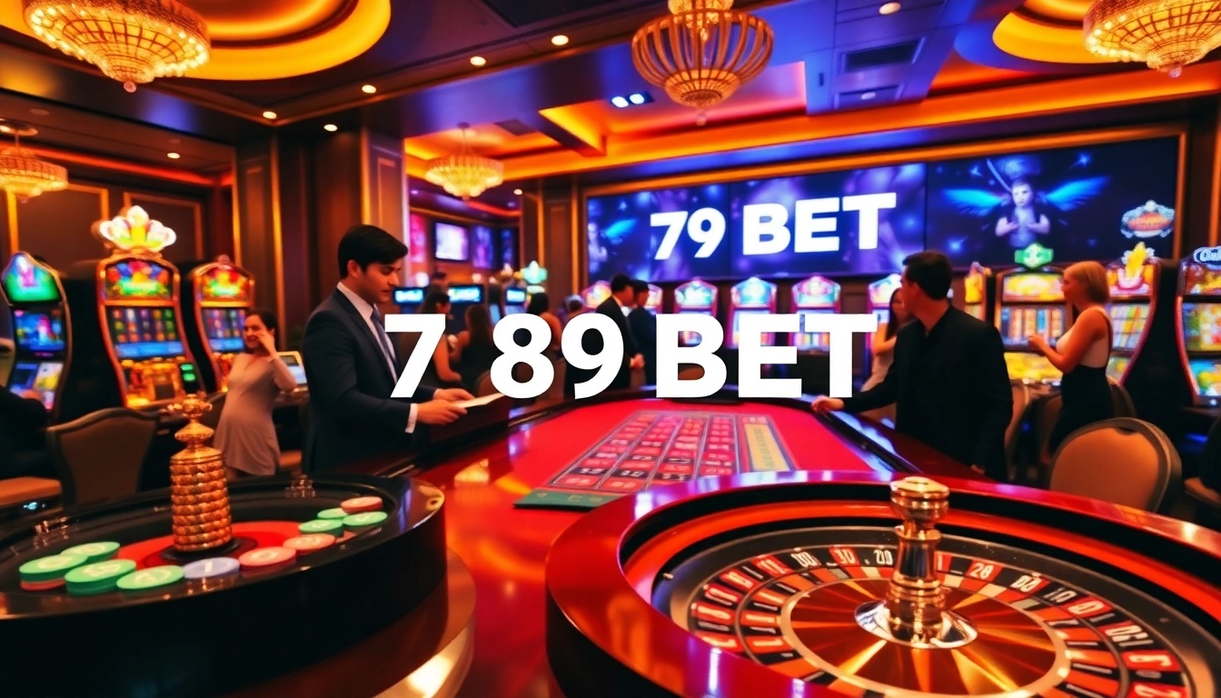 A dynamic casino scene showcasing players betting on 789 BET at a vibrant roulette table and poker game.