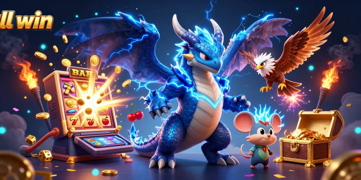 Spin to victory with LL WIN as electric characters light up the casino gaming scene.