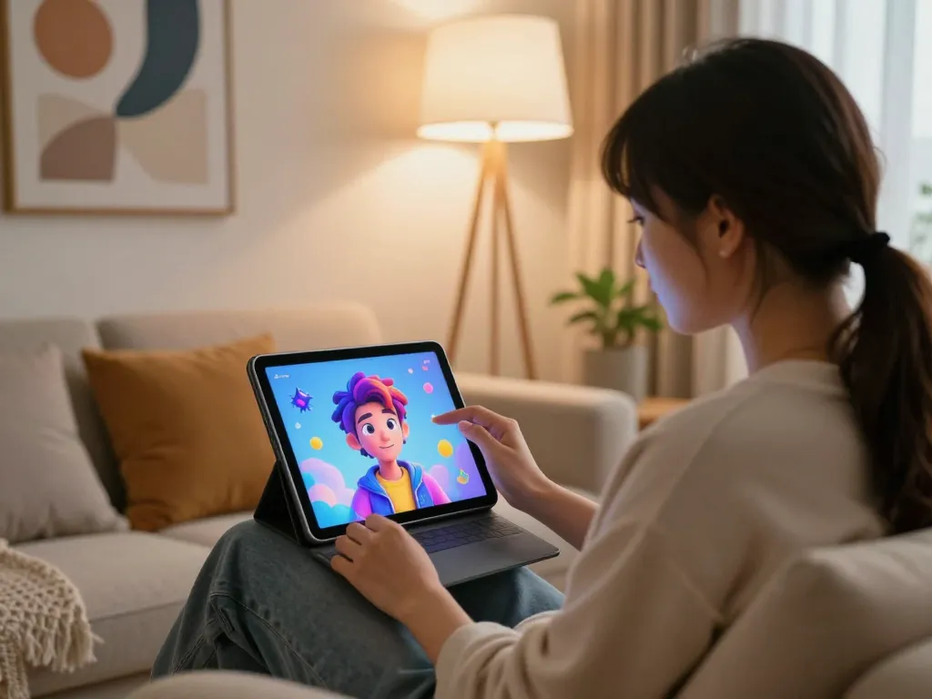 Engaging with a vibrant NSFW AI character on a tablet in a cozy, modern lounge.