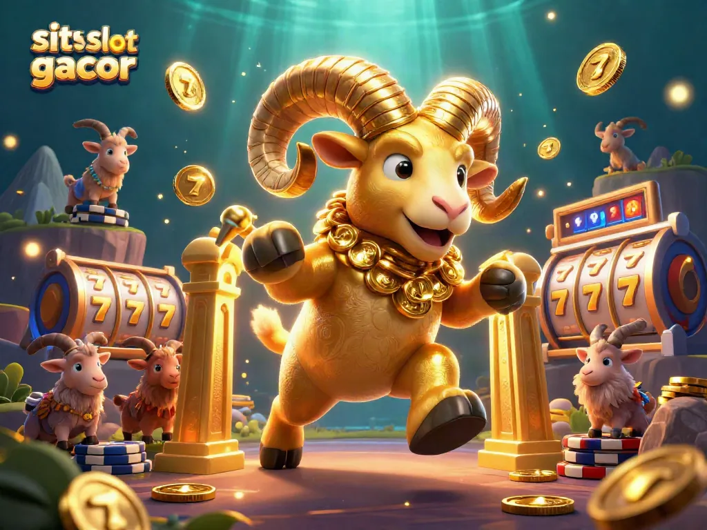 Situs slot gacor menampilkan domba emas besar dengan simbol slot dan jackpot, penuh energi dan aksi.