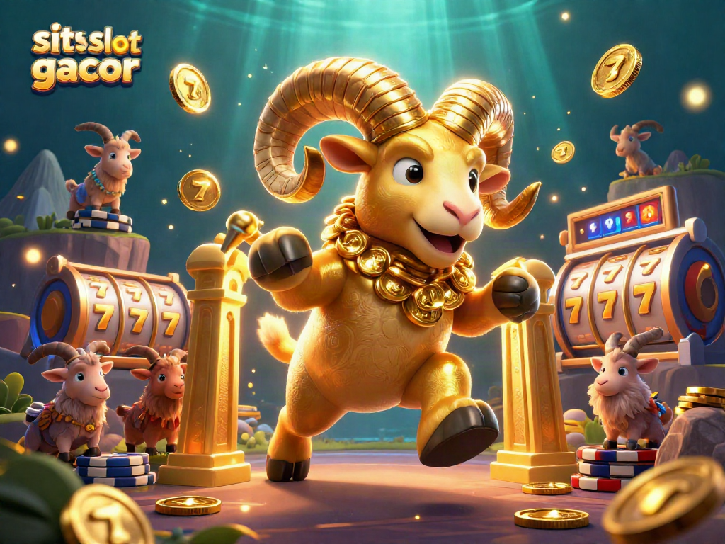 Situs slot gacor menampilkan domba emas besar dengan simbol slot dan jackpot, penuh energi dan aksi.
