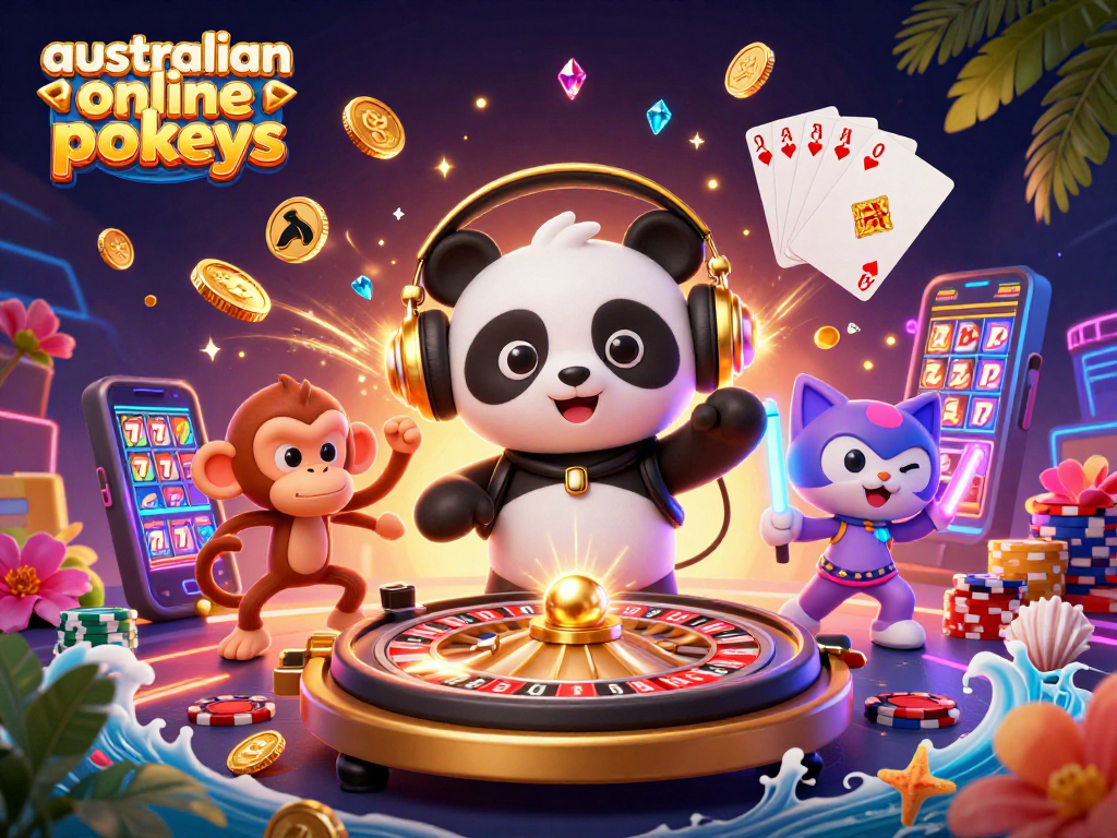 australian online pokies showcase vibrant characters dancing amidst sparkling casino elements