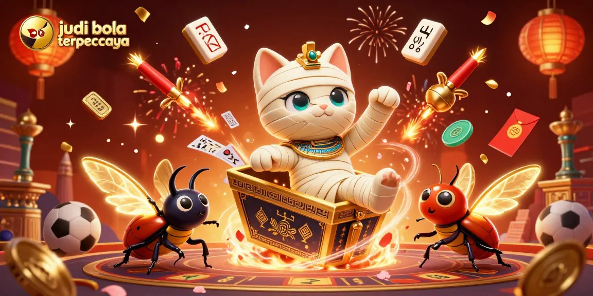 Experience the thrill of judi bola terpercaya with a dynamic scene featuring a mummy cat and betting elements.