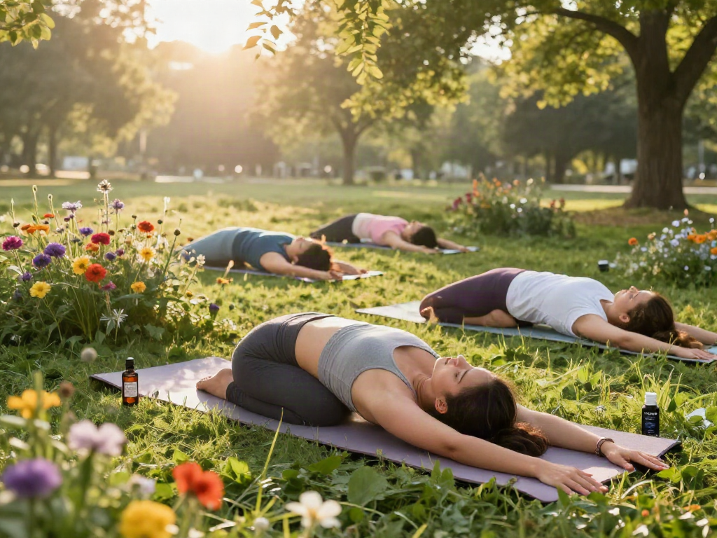 Muha med CBD oil bottle beside a woman practicing yoga outdoors, promoting natural wellness, organic healing, and mindfulness.