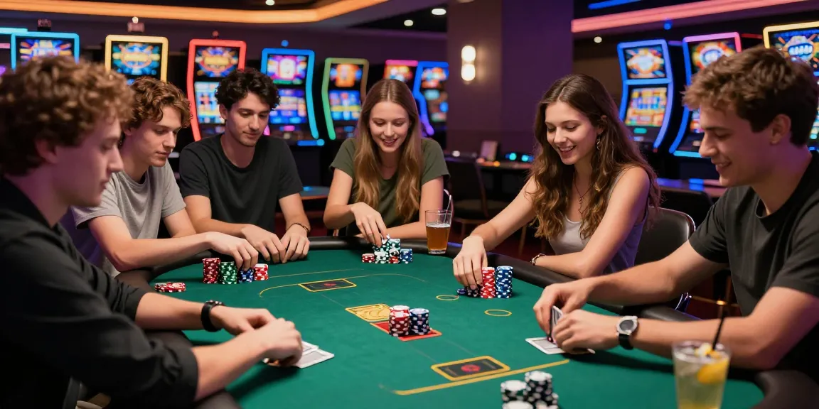 Group enjoying a lively poker game while using rokok88 login at a vibrant casino.