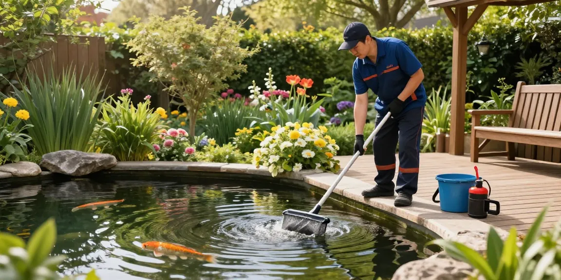 Pond Cleaning London services shown by a professional cleaning a vibrant pond surrounded by greenery.