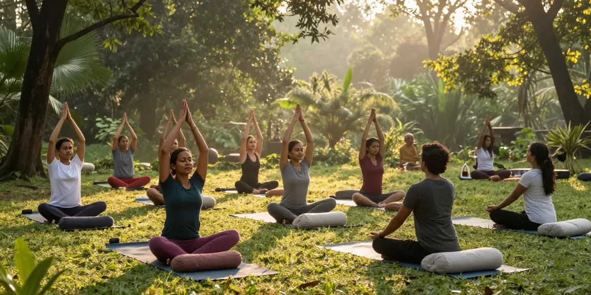 Yoga practice in serene setting at an Ayurveda retreat in India, surrounded by nature.