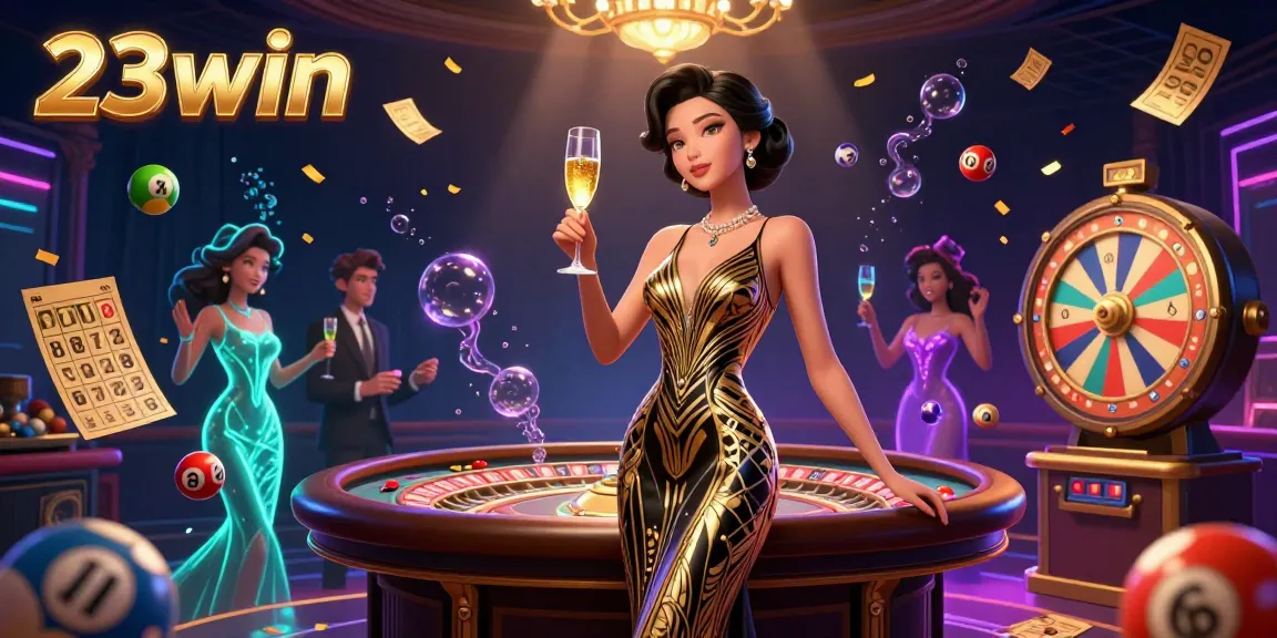 Experience the thrilling games at 23win with an elegant Asian woman in a luxurious casino setting.