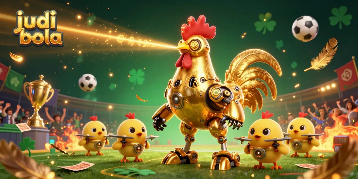 Bettors enjoy thrilling judi bola action with golden rooster robot, sports balls and betting slips in a vibrant stadium.