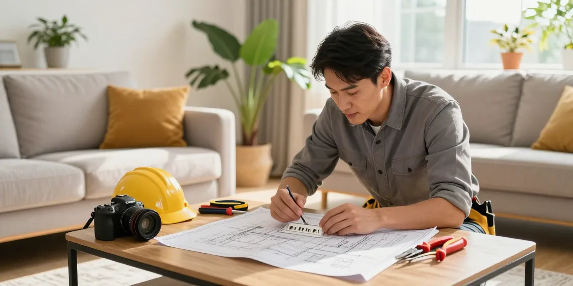 Electrician rewiring outlets in modern living room to see more details in home renovation project.
