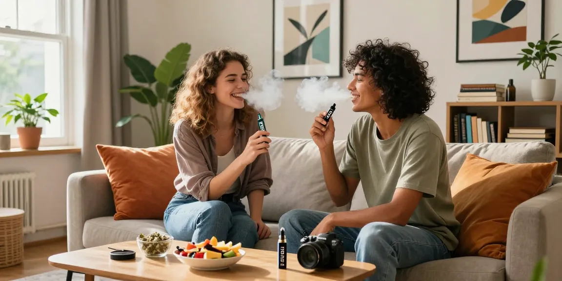 Glückliches Paar genießt thc vape deutschland in einem gemütlichen Wohnzimmer mit modernem Flair.