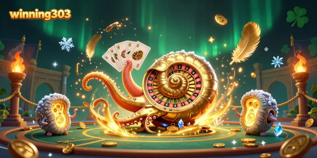 Experience thrill and strategy at winning303 with a vibrant 3D casino scene featuring interactive game elements.