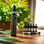 Showcase cannabis vape pen with cartridges, capturing sleek design and natural ambiance.