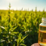 Extract CBD oil from lush green hemp plants against a serene backdrop.