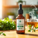 Showcasing a CBD Oil bottle surrounded by herbs and tea to promote natural wellness.