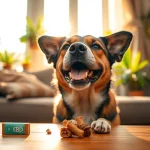 Dog happily enjoying CBD For Pet treat in a cozy living room, promoting pet wellness.