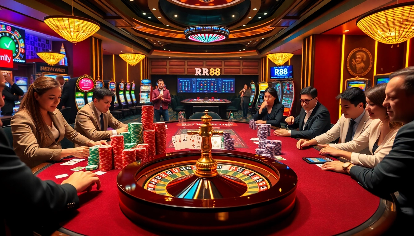 Gamblers enjoy a high-stakes poker game at RR88 casino, surrounded by vibrant lights and chips.