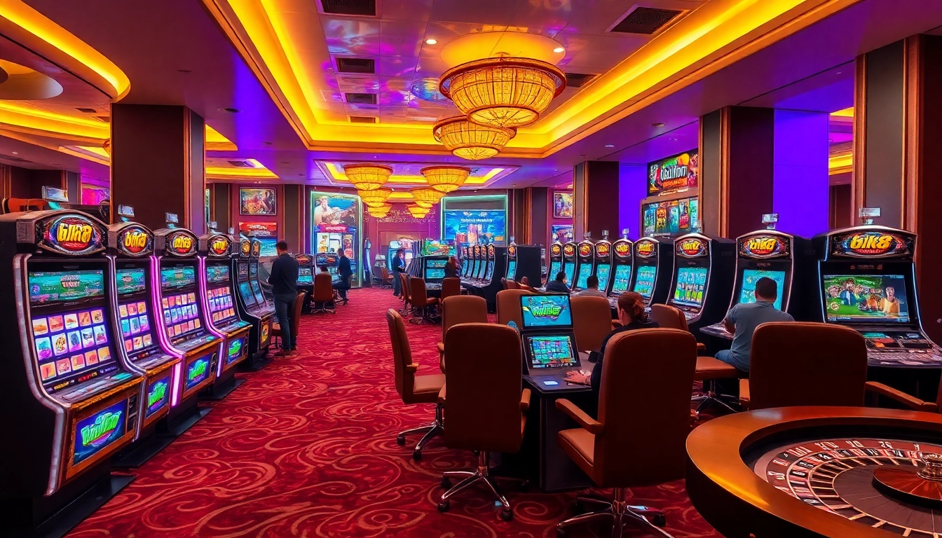 Engaging players enjoying bk8 สล็อต at vibrant and modern slot machines in a luxury casino.