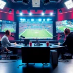 Engaging scene of sports broadcasting with analysts discussing live events.