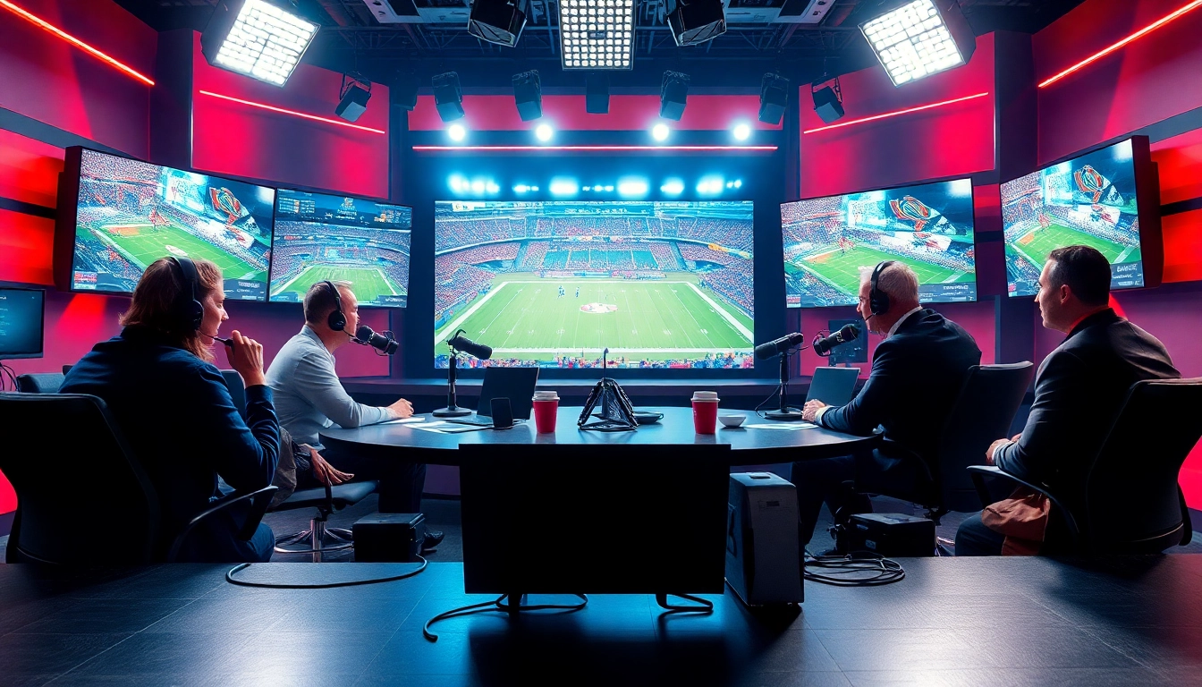 Engaging scene of sports broadcasting with analysts discussing live events.