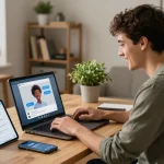 Diverse individuals enjoying a porn ai chat on modern devices in a cozy home office