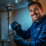 Emergency plumbers on holidays or weekends: a professional plumber helps a homeowner fix a pipe under a sink in NYC.