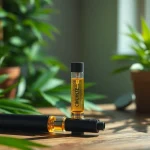Vaping cbd oil vape in a serene environment with a sleek device and natural lighting.